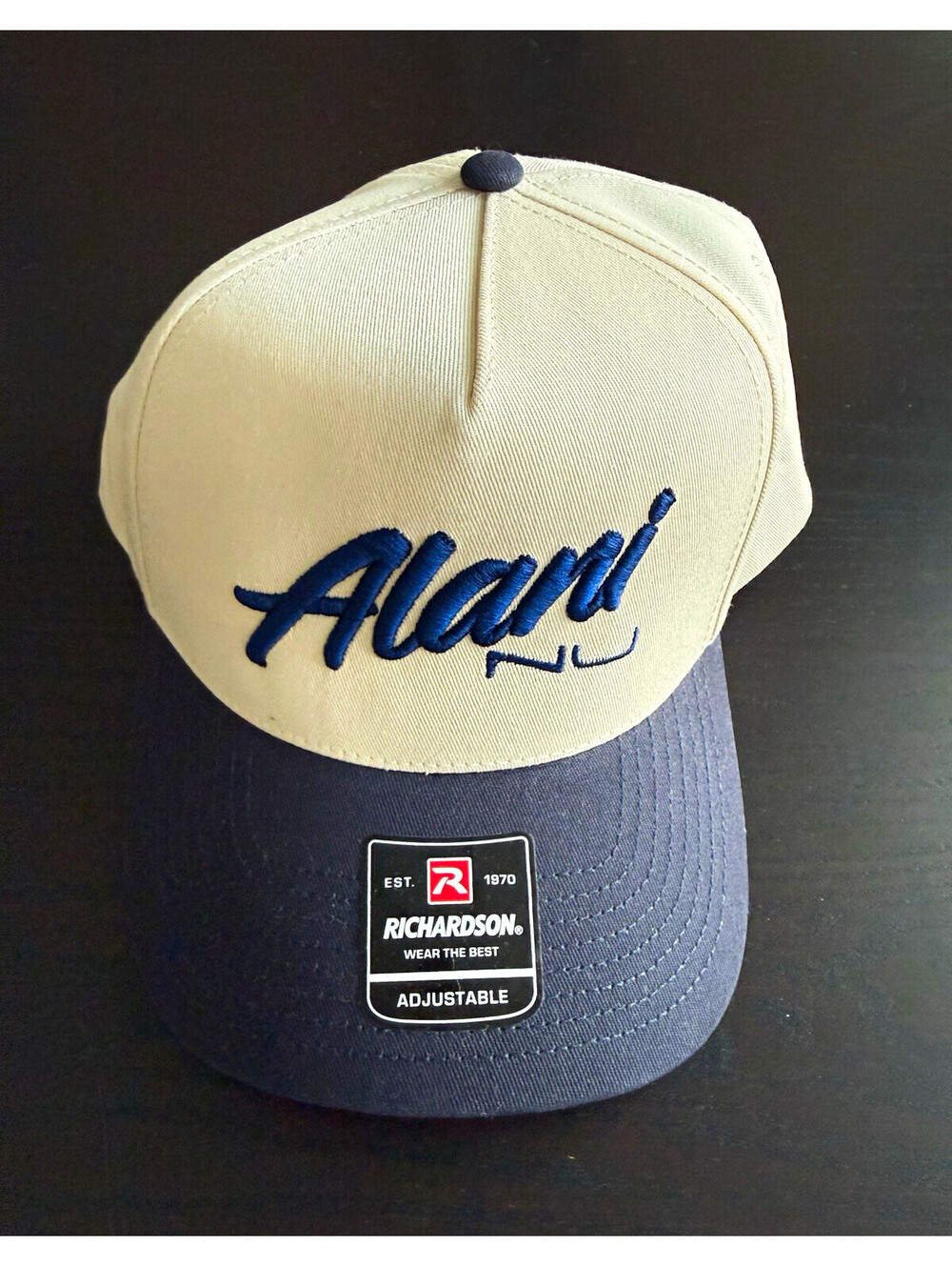 Alani Nu Richardson 323FPC Hat Cream Navy Blue Embroidered 5 Panel Snapback Cap